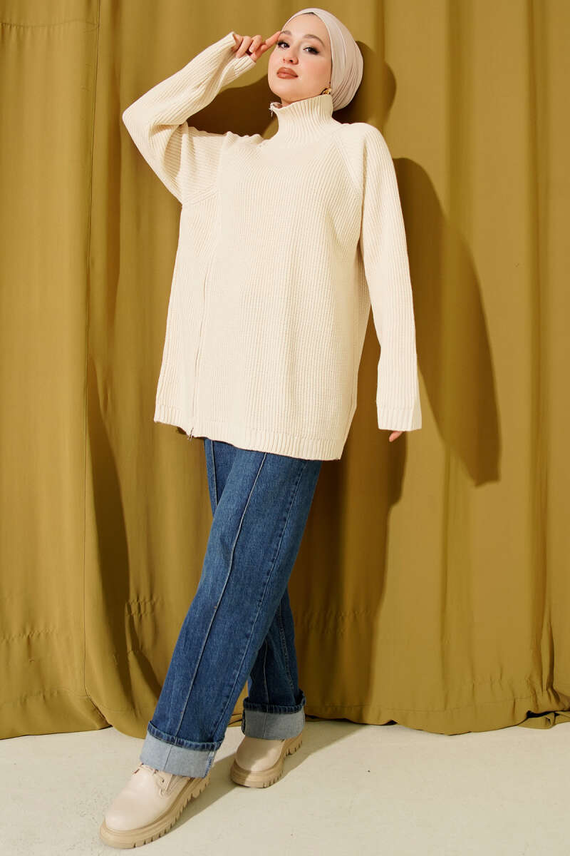 Knit Tunic with Zip Detail - Beige