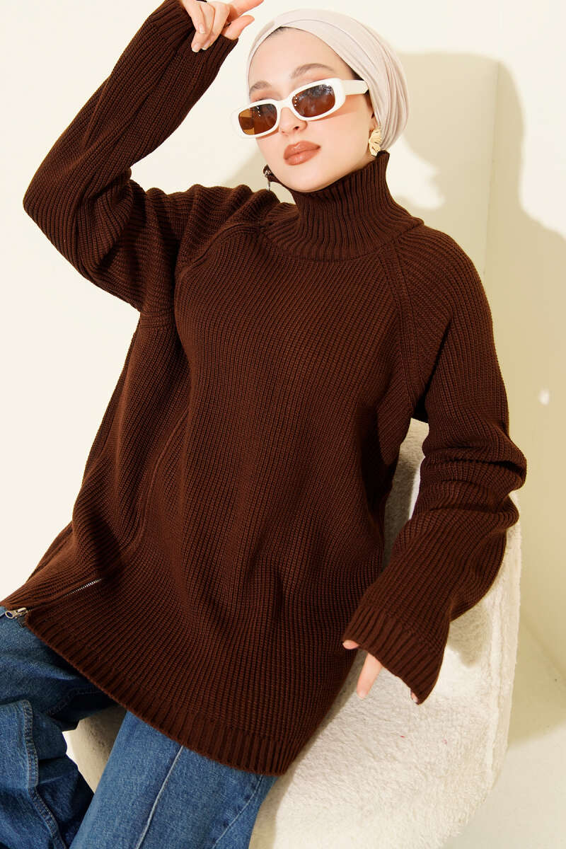 Knit Tunic with Zip Detail - Brown