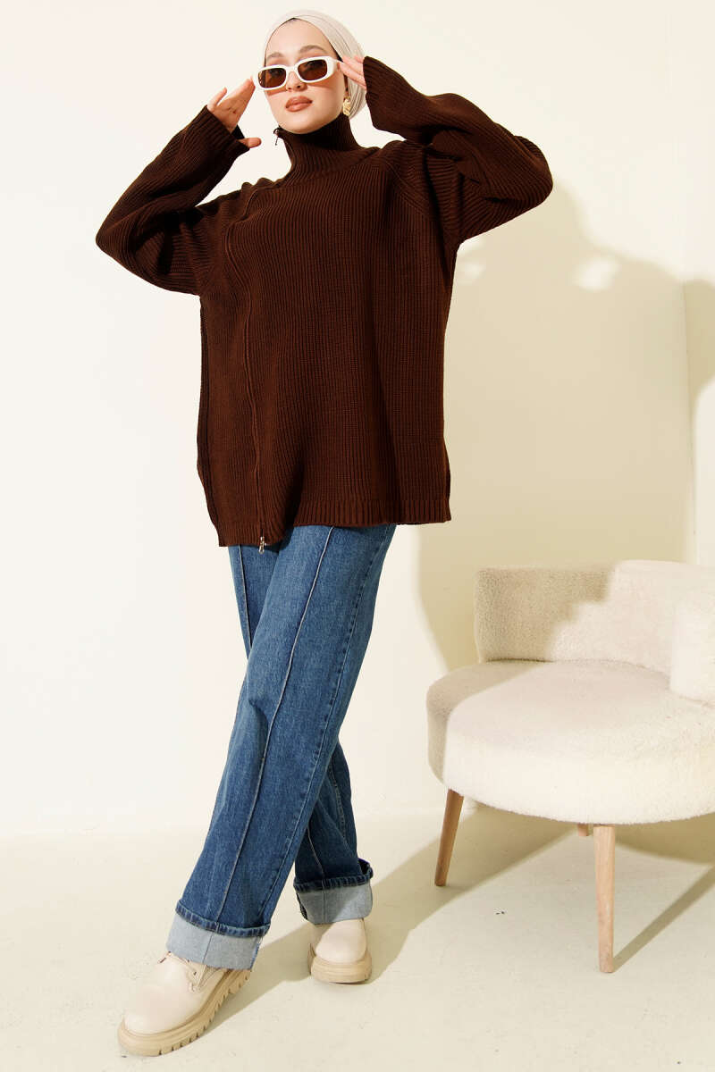 Knit Tunic with Zip Detail - Brown