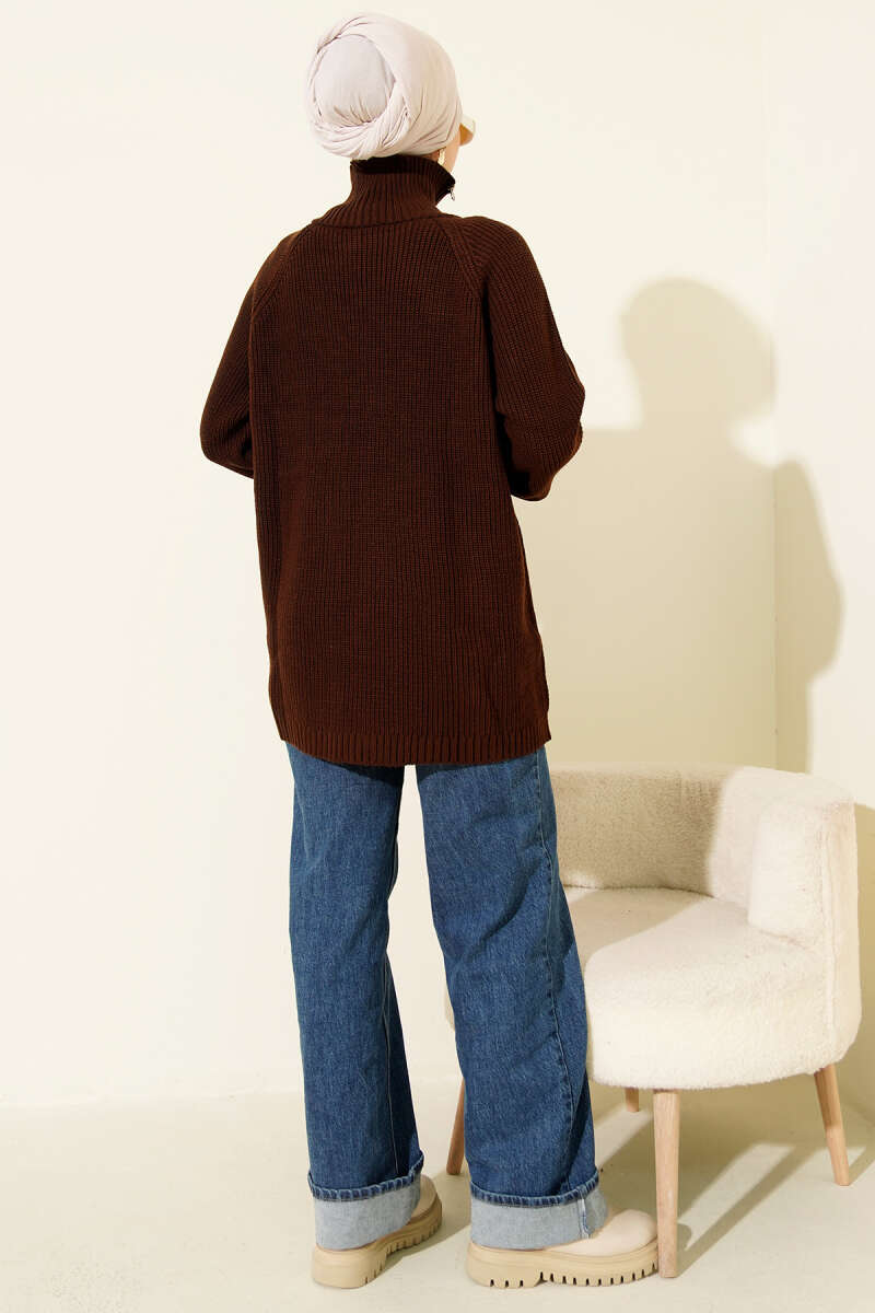 Knit Tunic with Zip Detail - Brown