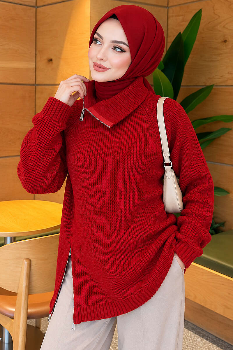 Knit Tunic with Zip Detail - Red
