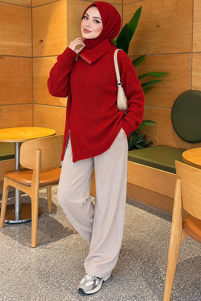 Knit Tunic with Zip Detail - Red