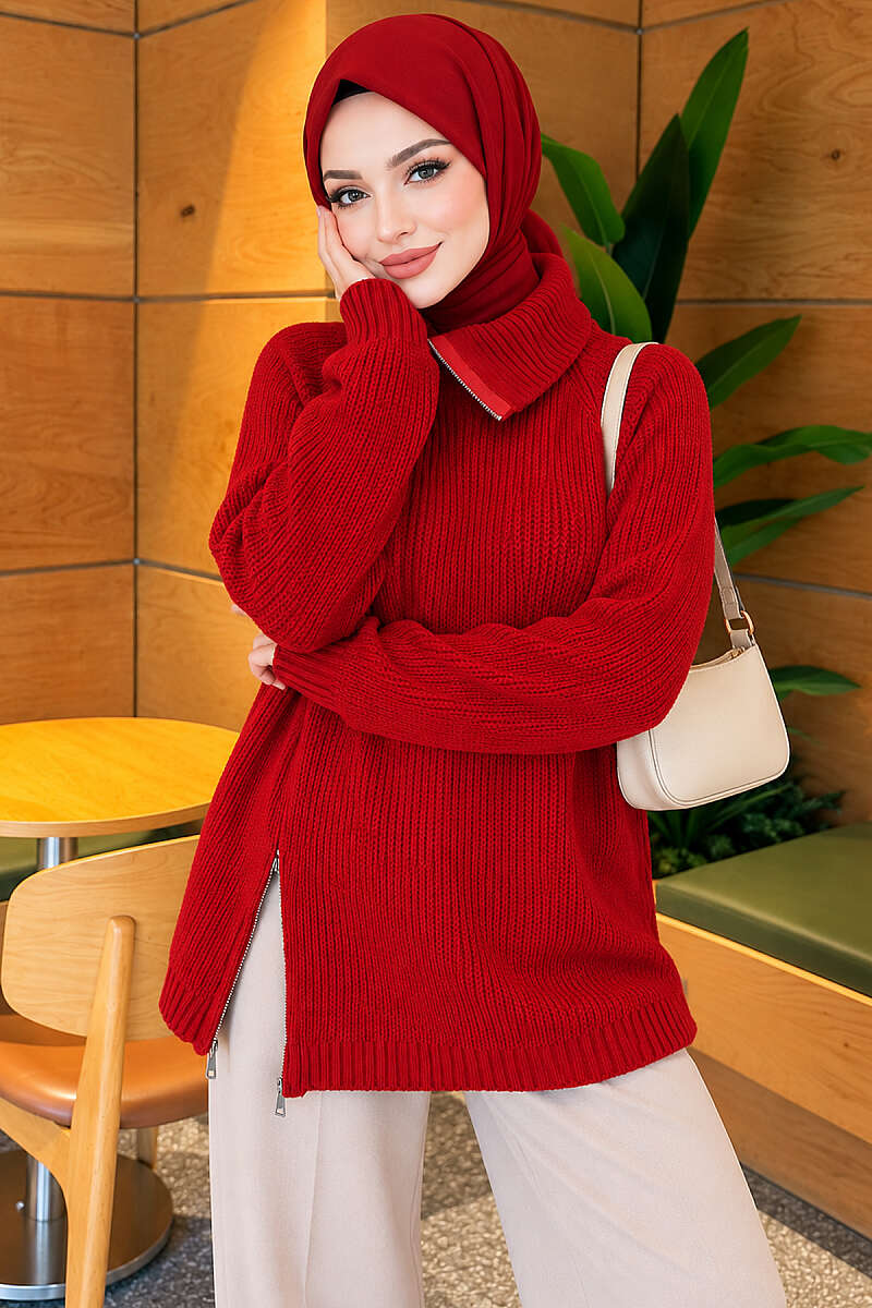 Knit Tunic with Zip Detail - Red