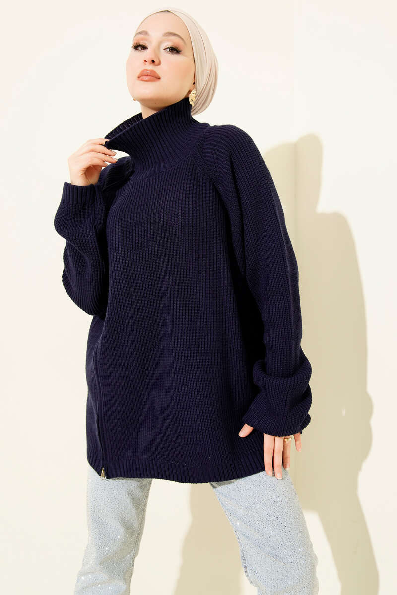 Knit Tunic with Zip Detail - Navy