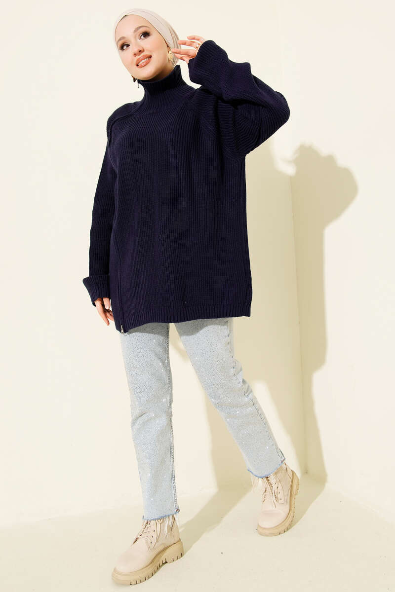 Knit Tunic with Zip Detail - Navy