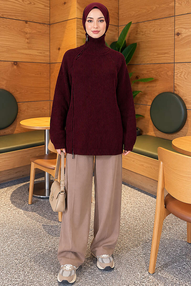 Knit Tunic with Zip Detail - Plum