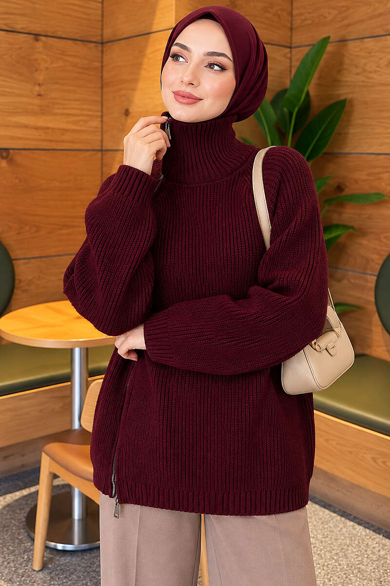 Knit Tunic with Zip Detail - Plum