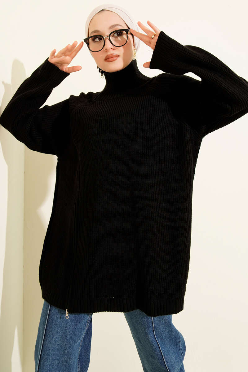 Knit Tunic with Zip Detail - Black