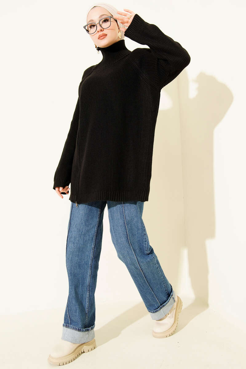 Knit Tunic with Zip Detail - Black
