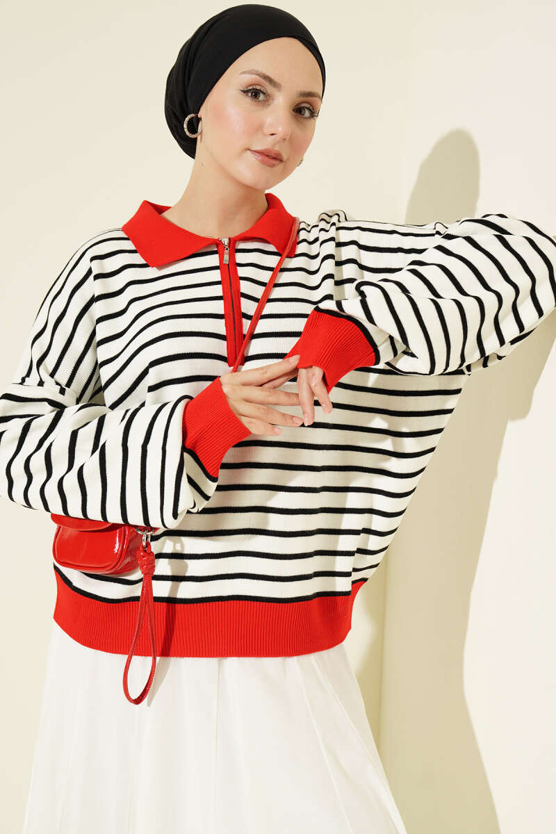 Striped Knit Tunic with Zip Neck - Red