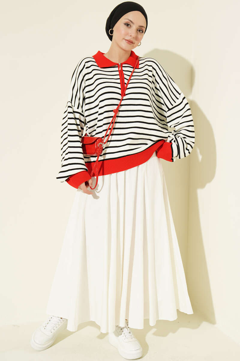 Striped Knit Tunic with Zip Neck - Red