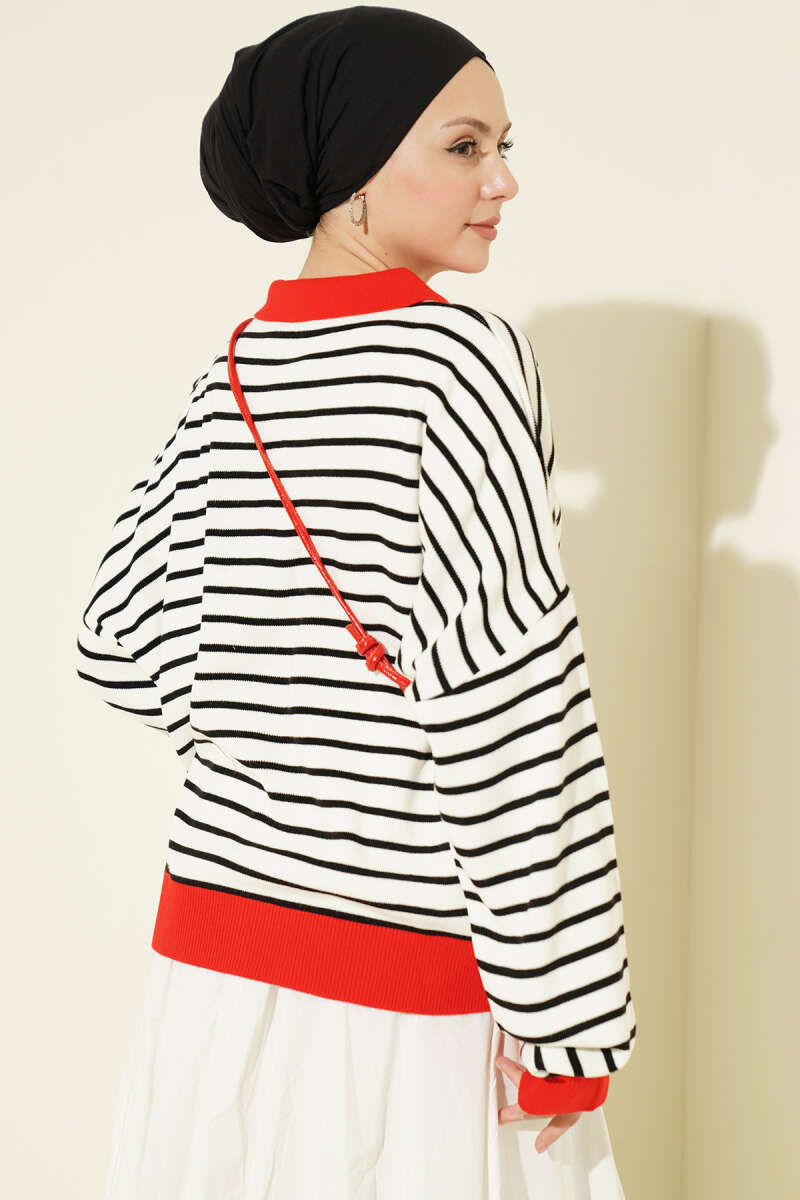Striped Knit Tunic with Zip Neck - Red