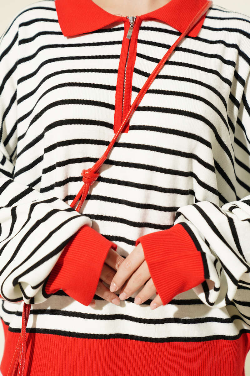 Striped Knit Tunic with Zip Neck - Red