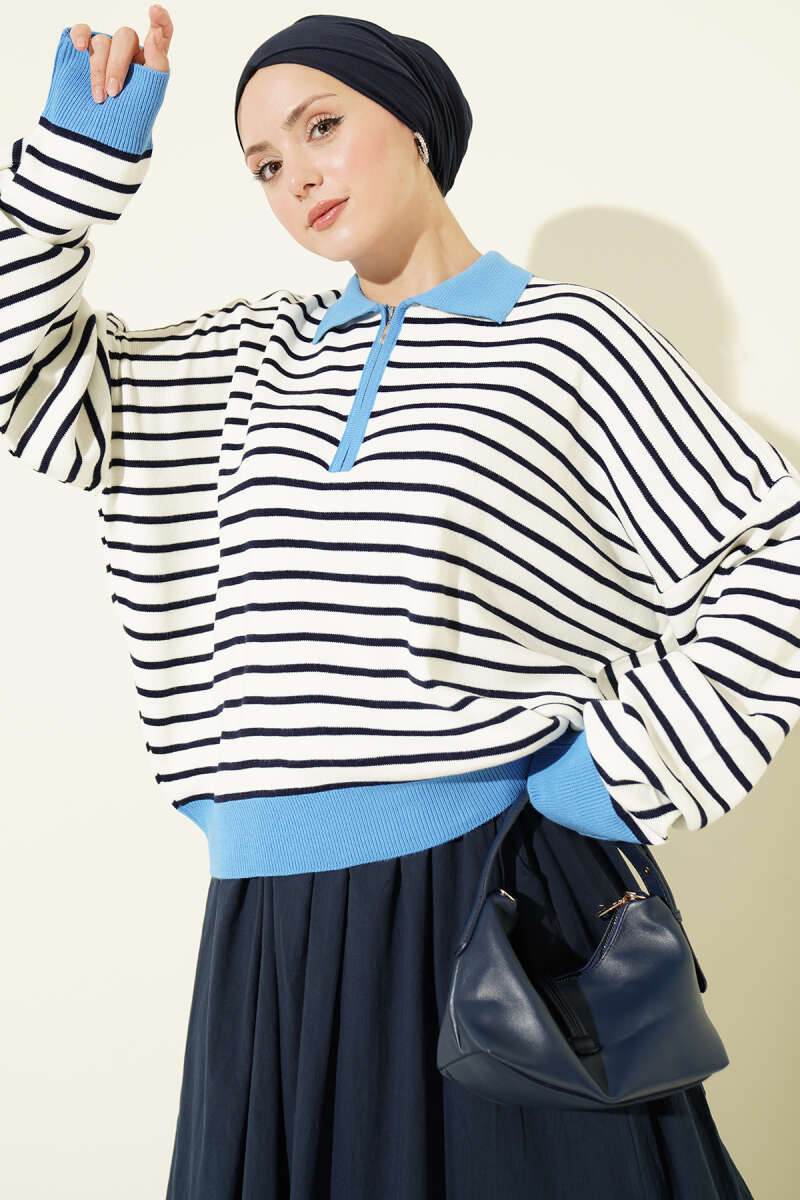 Striped Knit Tunic with Zip Neck - Blue