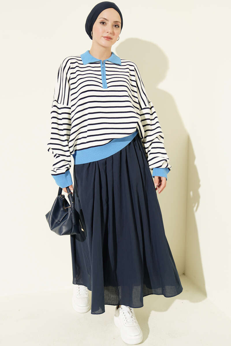 Striped Knit Tunic with Zip Neck - Blue