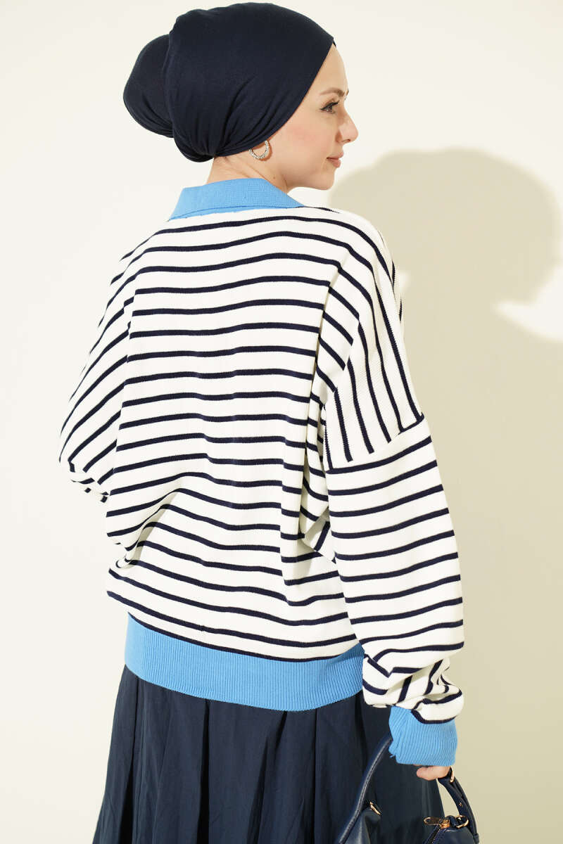 Striped Knit Tunic with Zip Neck - Blue