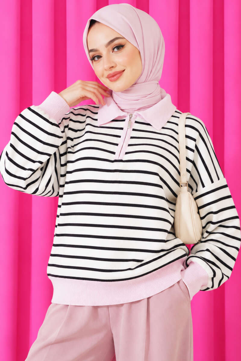 Striped Knit Tunic with Zip Neck - Pink