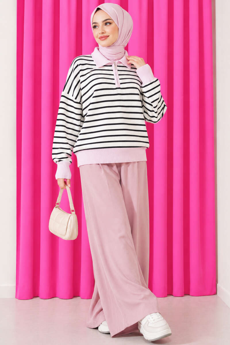 Striped Knit Tunic with Zip Neck - Pink