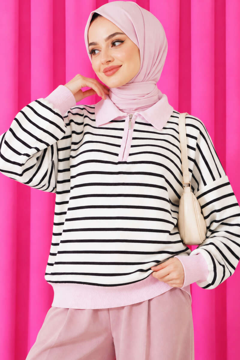 Striped Knit Tunic with Zip Neck - Pink
