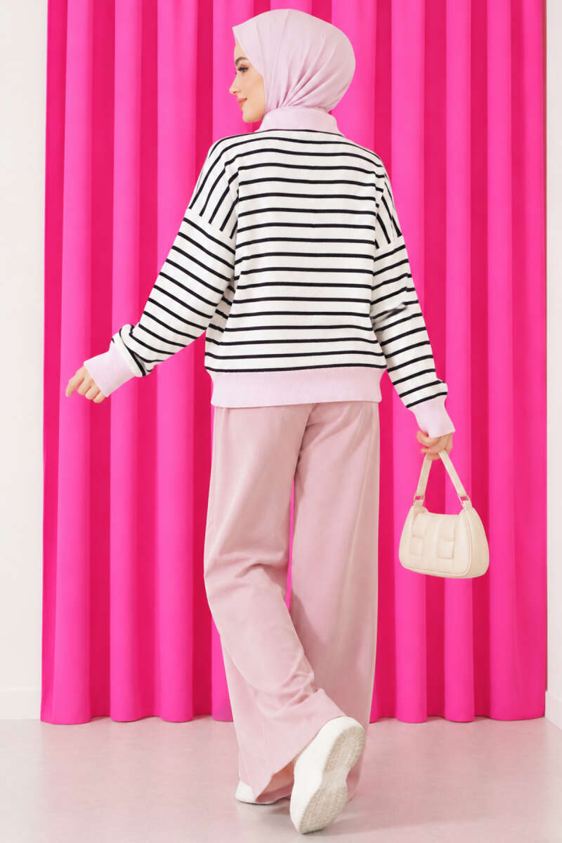 Striped Knit Tunic with Zip Neck - Pink