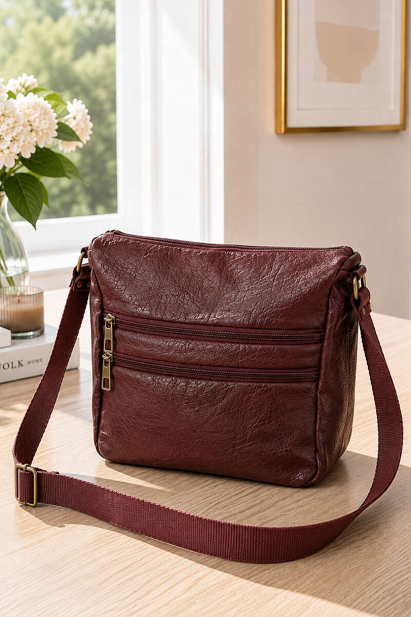Five-Compartment Zip Crossbody Bag - Burgundy