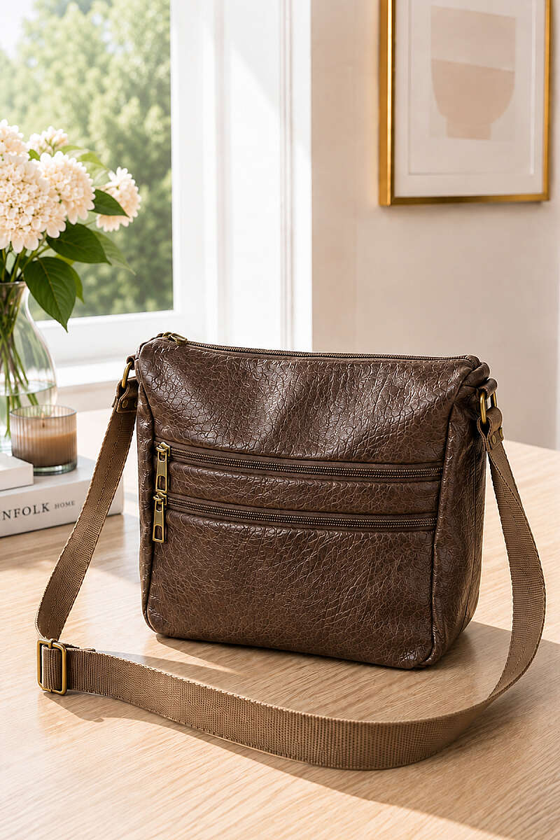 Five-Compartment Zip Crossbody Bag - Brown
