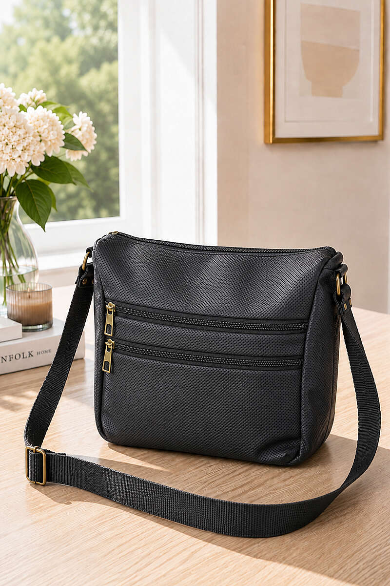 Five-Compartment Zip Crossbody Bag - Black Print