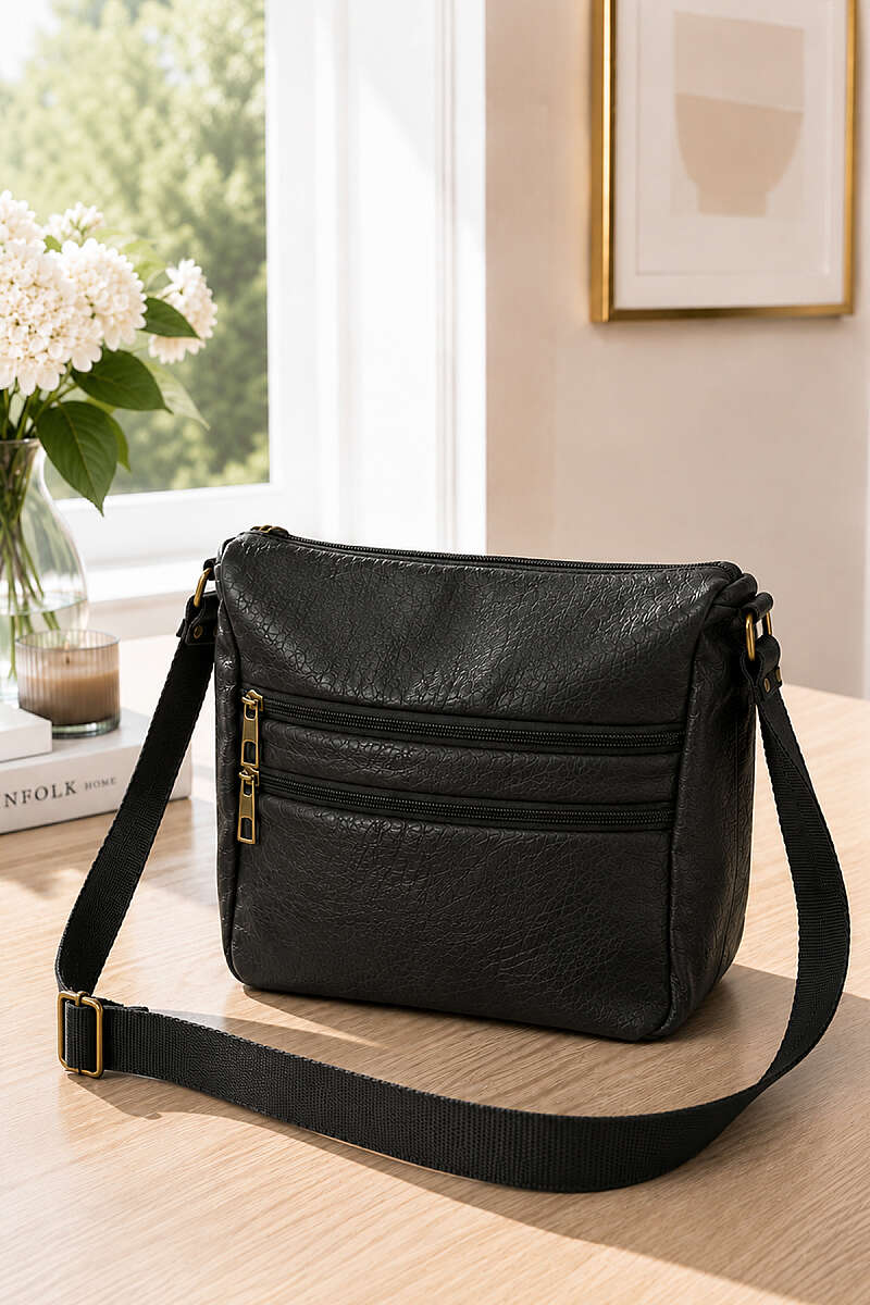 Five-Compartment Zip Crossbody Bag - Black