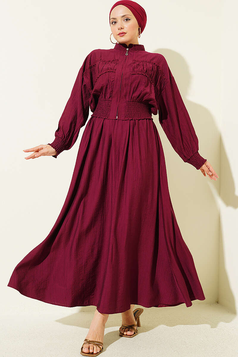 Zip-Up Two-Piece Skirt Set with Piped Waist - Burgundy
