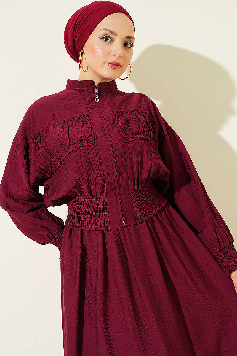 Zip-Up Two-Piece Skirt Set with Piped Waist - Burgundy