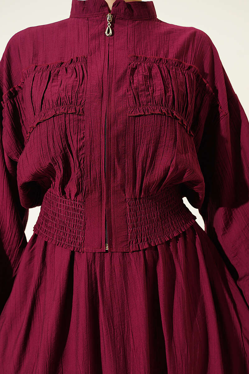Zip-Up Two-Piece Skirt Set with Piped Waist - Burgundy