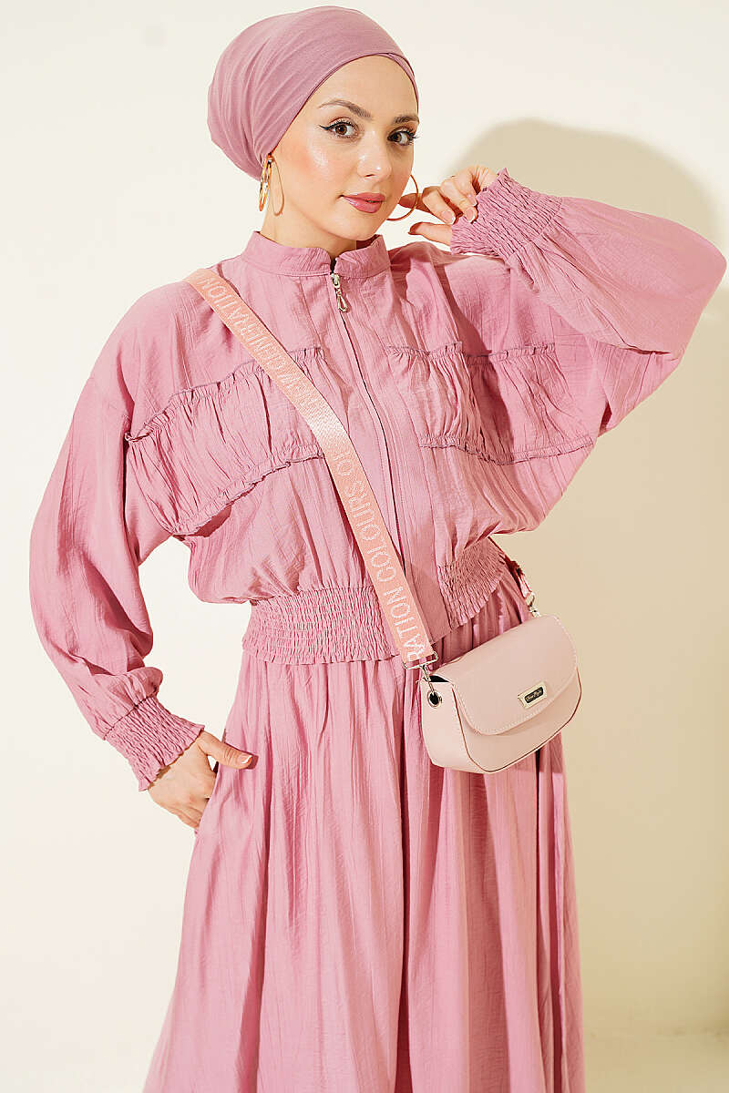 Zip-Up Two-Piece Skirt Set with Piped Waist - Dusty Rose