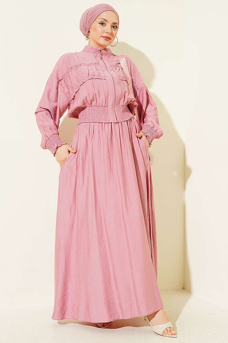 Zip-Up Two-Piece Skirt Set with Piped Waist - Dusty Rose
