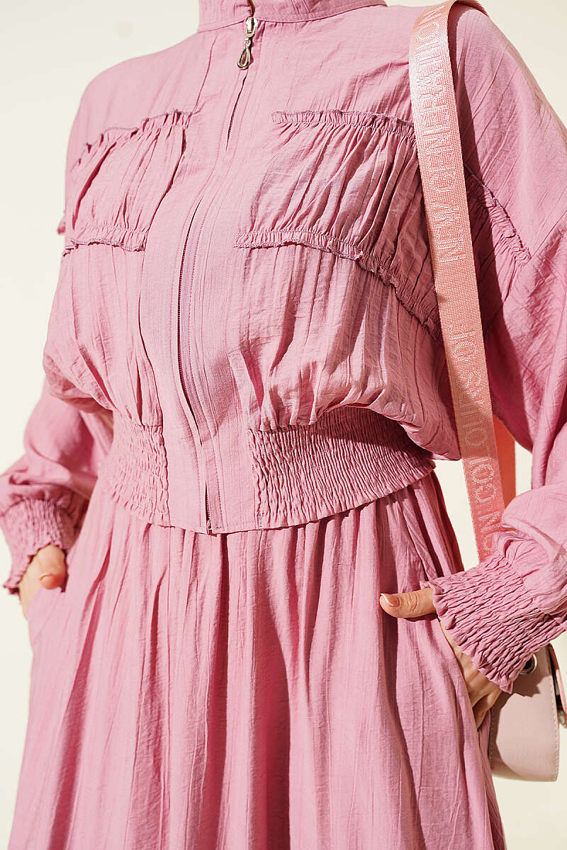 Zip-Up Two-Piece Skirt Set with Piped Waist - Dusty Rose