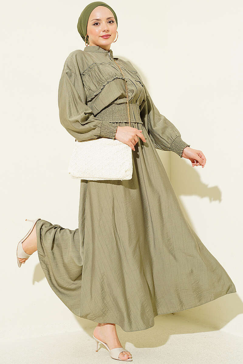 Zip-Up Two-Piece Skirt Set with Piped Waist - Khaki