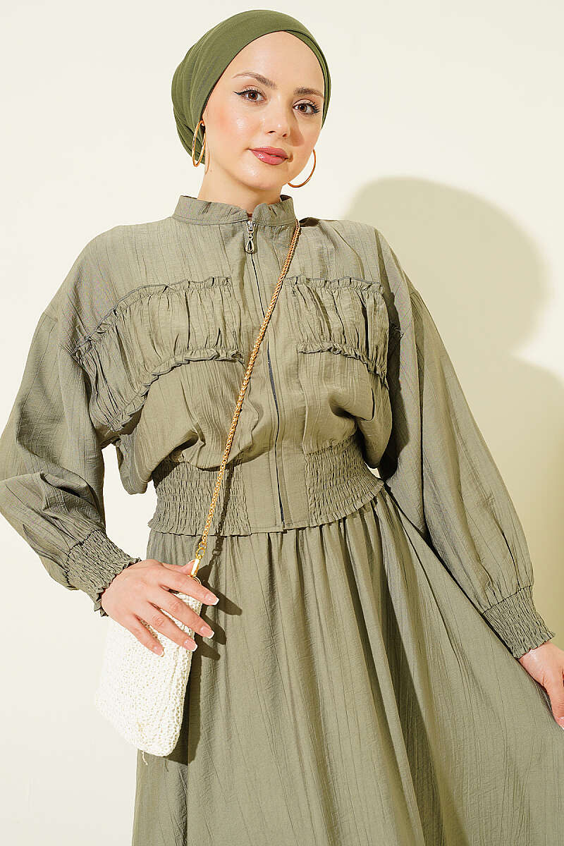 Zip-Up Two-Piece Skirt Set with Piped Waist - Khaki
