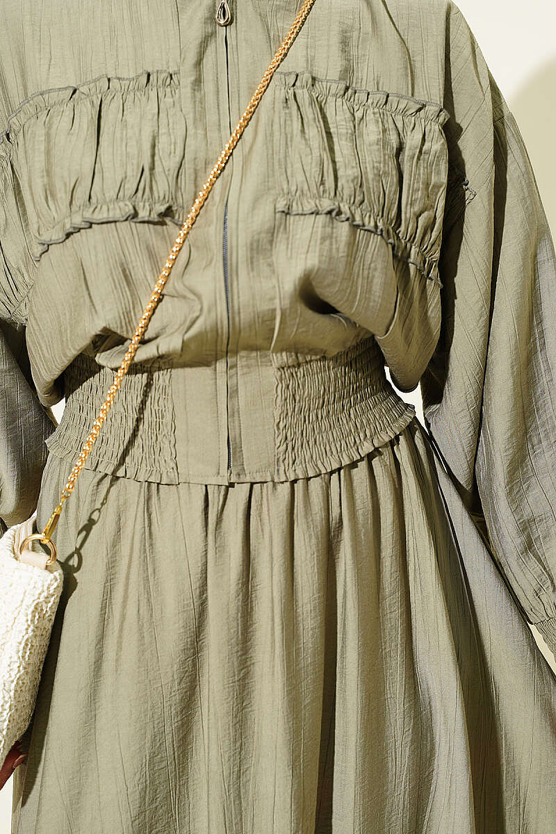 Zip-Up Two-Piece Skirt Set with Piped Waist - Khaki