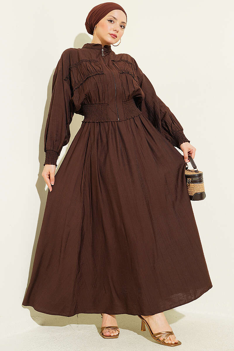 Zip-Up Two-Piece Skirt Set with Piped Waist - Brown