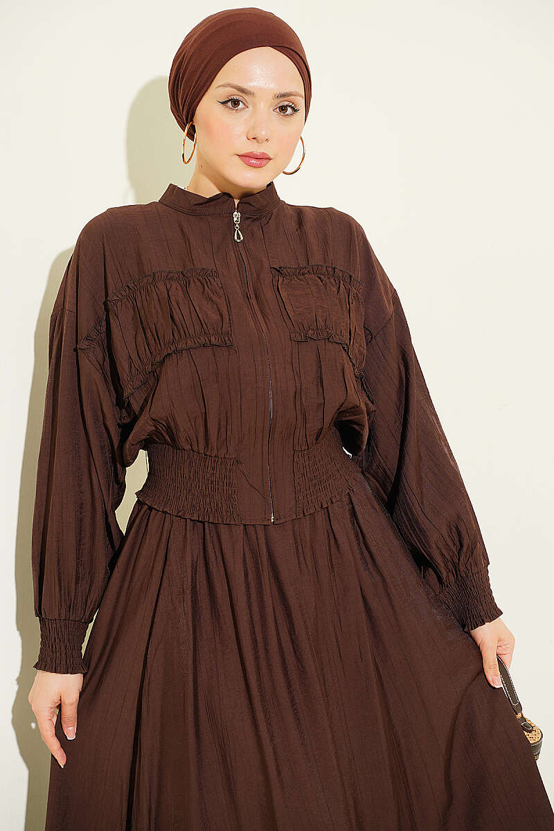 Zip-Up Two-Piece Skirt Set with Piped Waist - Brown