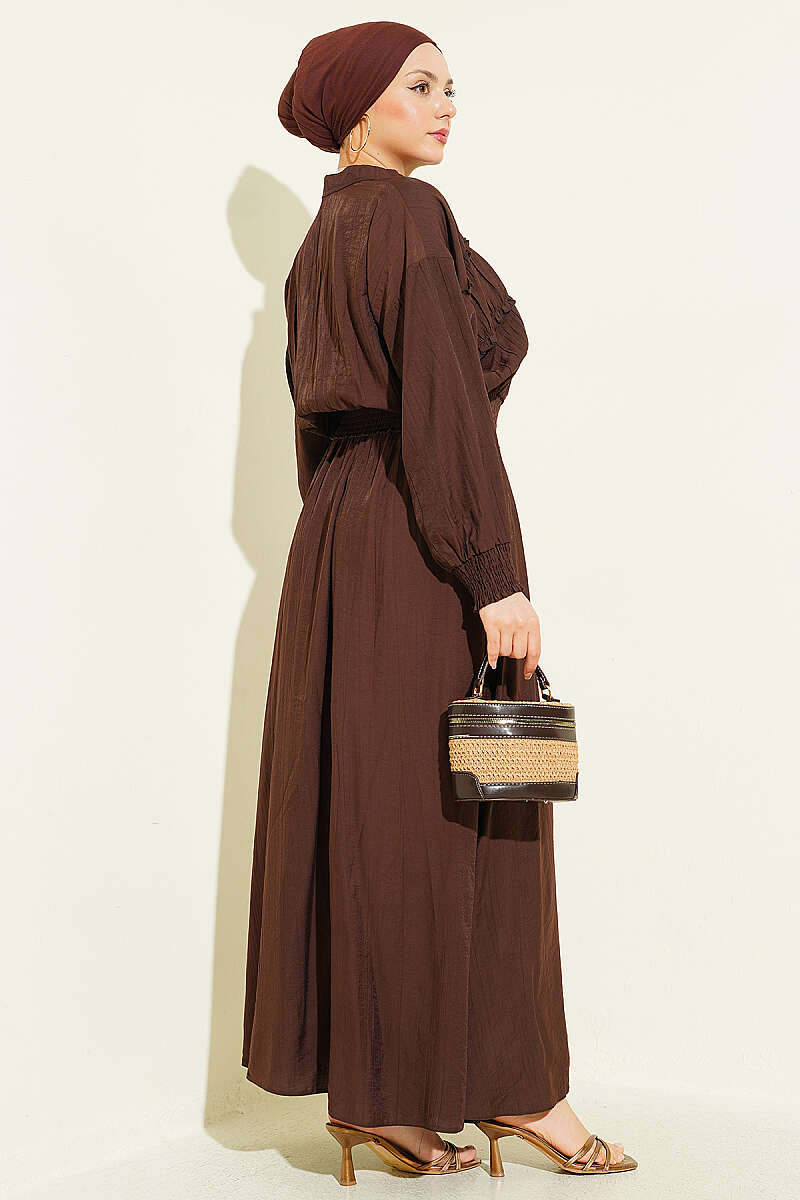 Zip-Up Two-Piece Skirt Set with Piped Waist - Brown