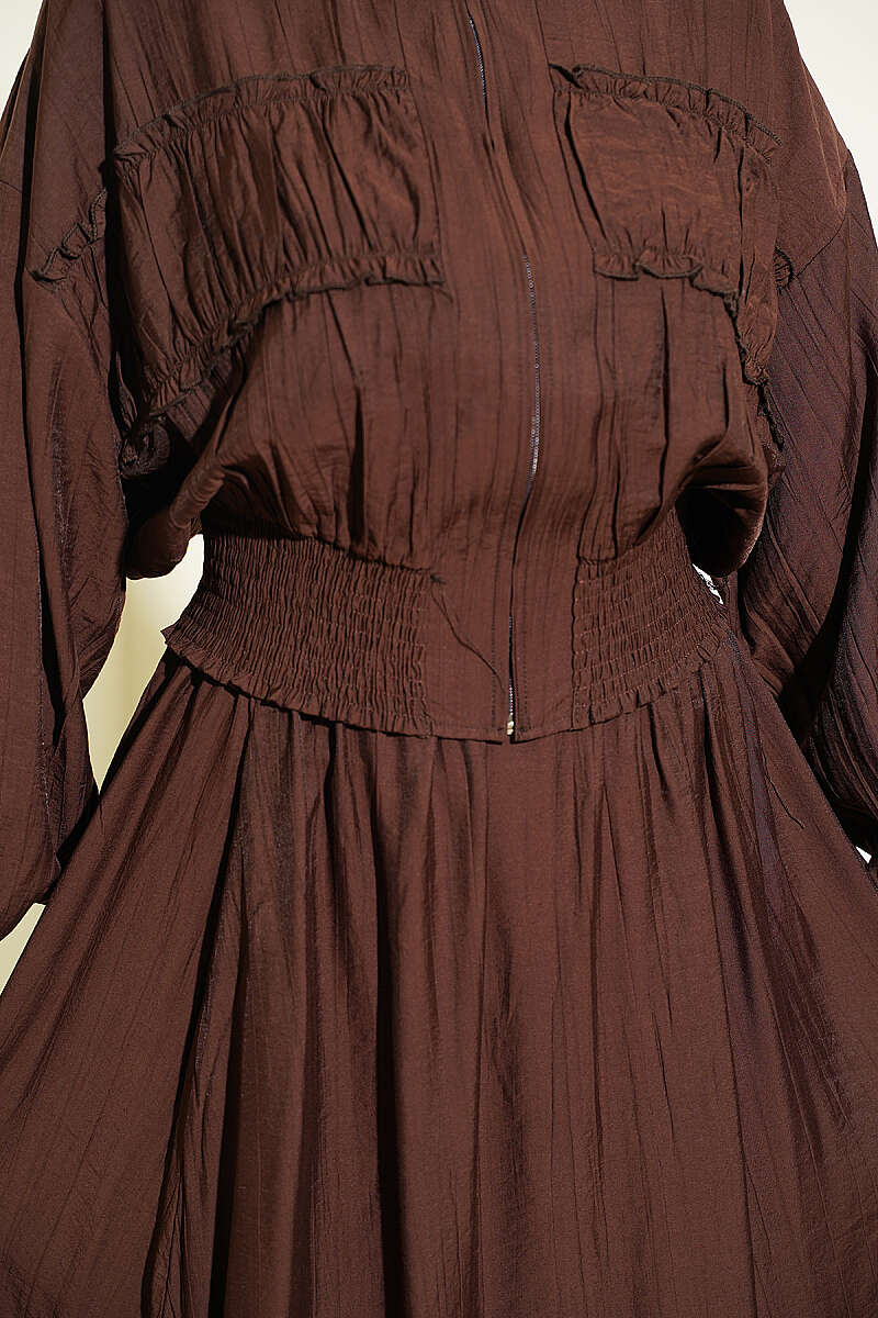 Zip-Up Two-Piece Skirt Set with Piped Waist - Brown