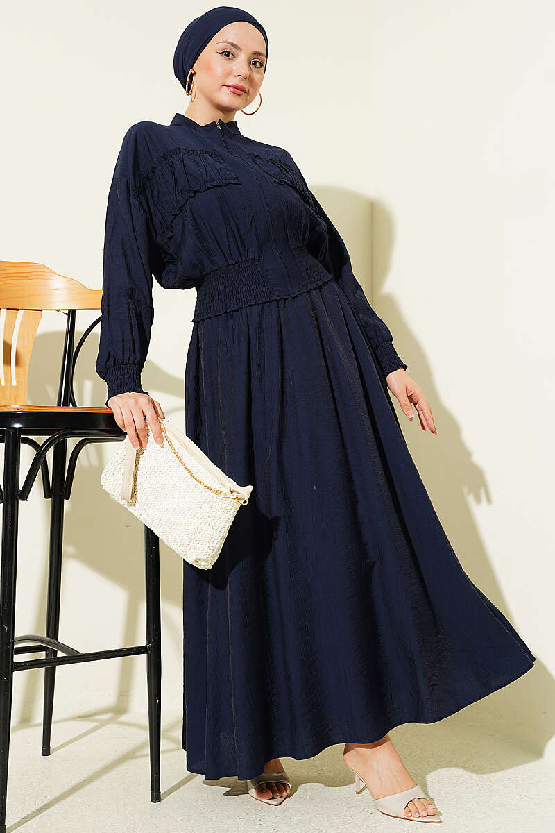 Zip-Up Two-Piece Skirt Set with Piped Waist - Navy