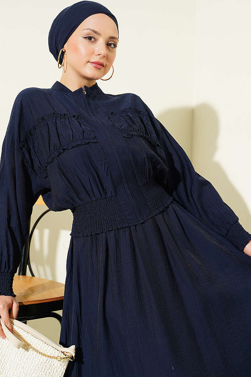 Zip-Up Two-Piece Skirt Set with Piped Waist - Navy