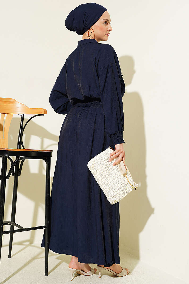 Zip-Up Two-Piece Skirt Set with Piped Waist - Navy