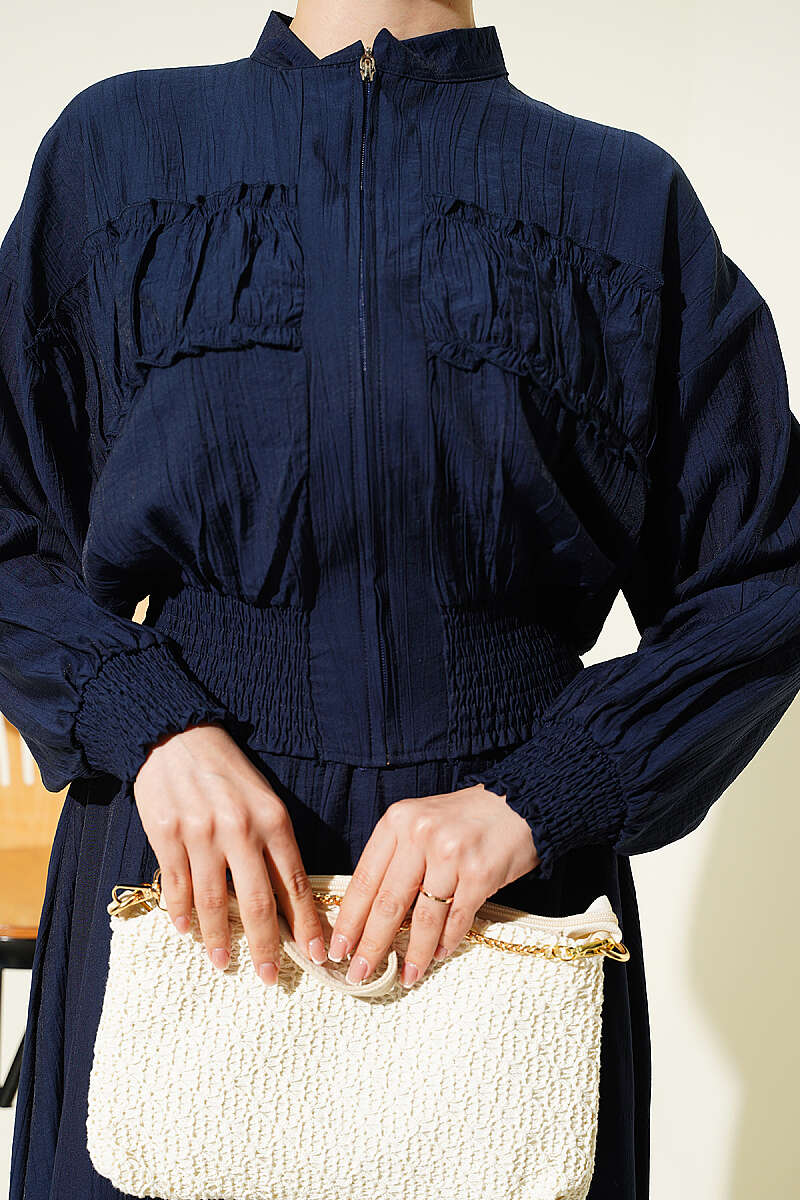 Zip-Up Two-Piece Skirt Set with Piped Waist - Navy