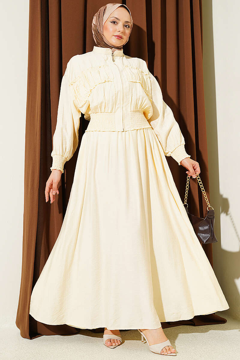 Zip-Up Two-Piece Skirt Set with Piped Waist - Lime