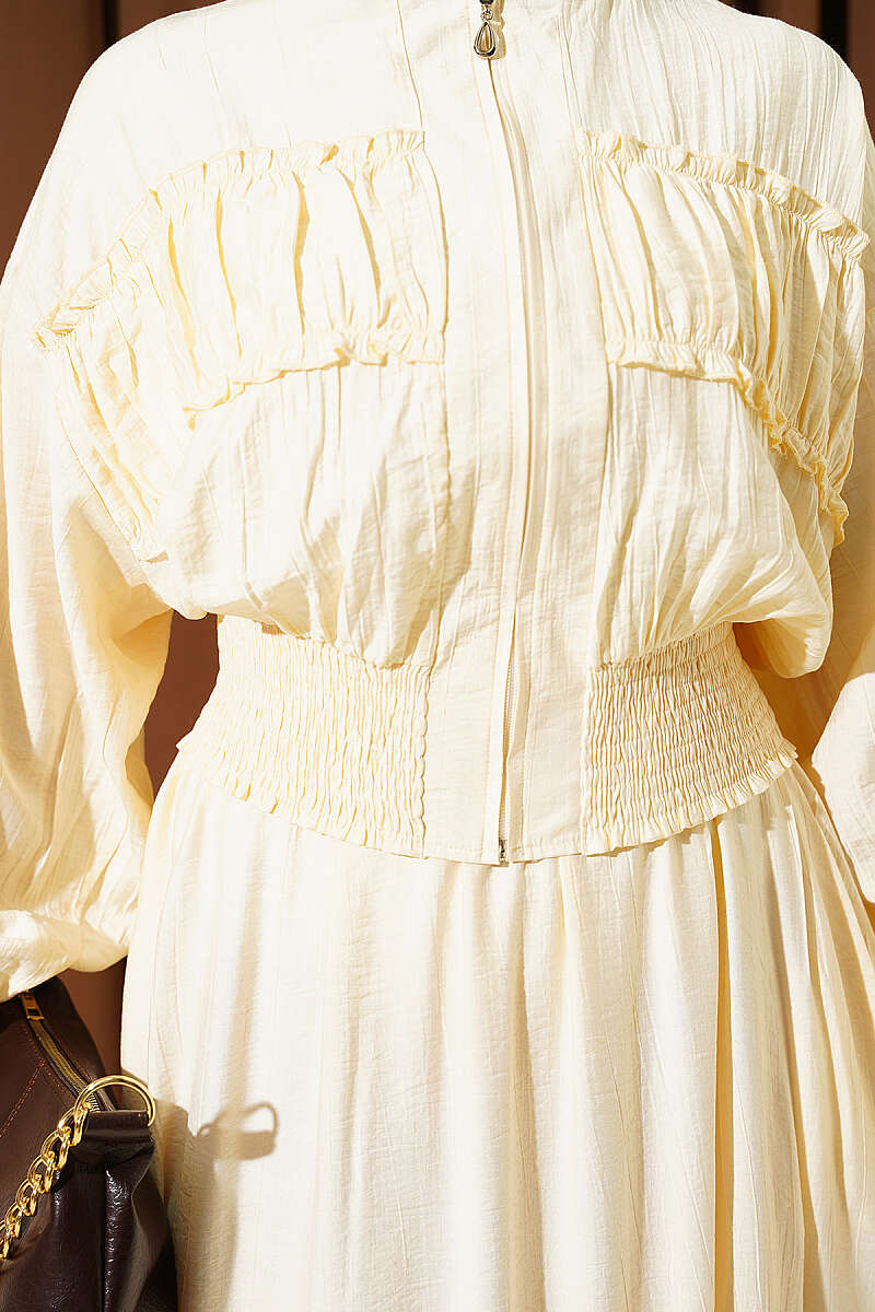 Zip-Up Two-Piece Skirt Set with Piped Waist - Lime