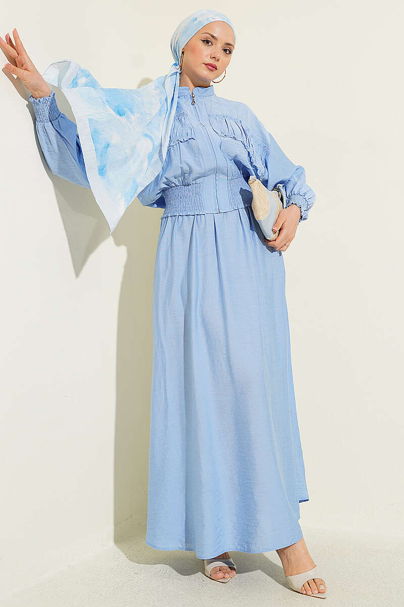 Zip-Up Two-Piece Skirt Set with Piped Waist - Blue