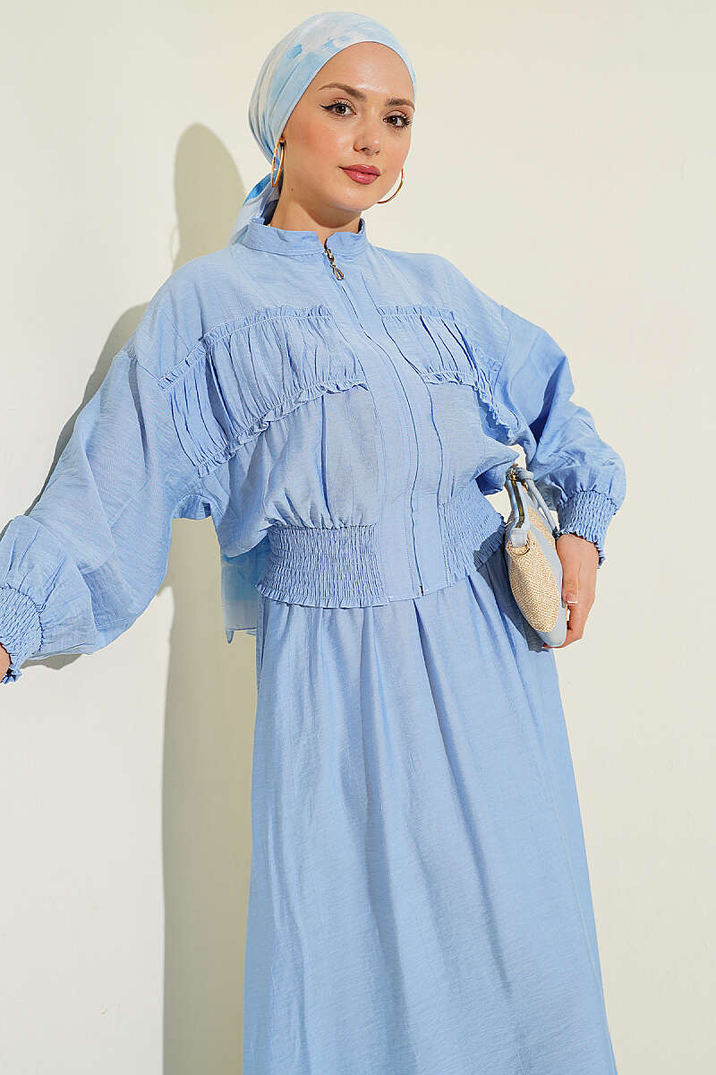 Zip-Up Two-Piece Skirt Set with Piped Waist - Blue