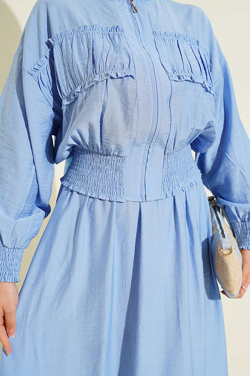 Zip-Up Two-Piece Skirt Set with Piped Waist - Blue